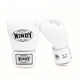 Front view of white Windy BGVH leather Muay Thai boxing gloves showing padded knuckles, Windy logos and white hook-and-loop wrist straps on a white background