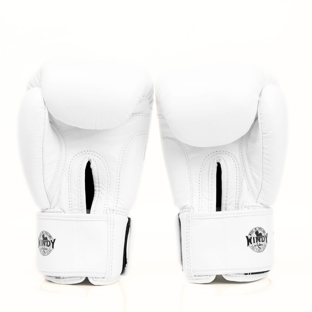 Palm-side view of a pair of white Windy BGVH leather Muay Thai boxing gloves showing stitched palms, thumb openings and wrist closures on a white background