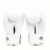 Palm-side view of a pair of white Windy BGVH leather Muay Thai boxing gloves showing stitched palms, thumb openings and wrist closures on a white background