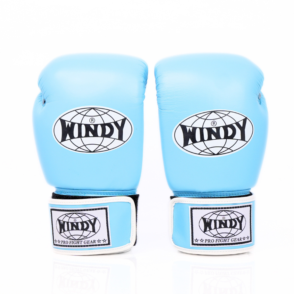 Palm-side view of light blue Windy BGVH Muay Thai boxing gloves showing stitched leather palms, thumb opening and padded wrist support on a white background
