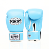 Side view of light blue Windy BGVH Muay Thai boxing gloves showing the padded glove profile, thumb guard and extended wrist cuff on a white background
