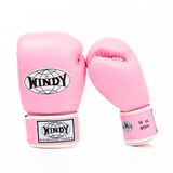 Angled view of light pink Windy BGVH Muay Thai boxing gloves showing padded knuckles, thumb protection, wrist cuffs and Windy branding on a white background