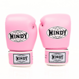 Palm-side view of light pink Windy BGVH Muay Thai boxing gloves showing stitched palms, thumb openings, wrist padding and leather construction on a white background