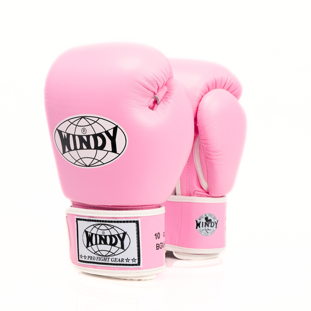 Rear view of light pink Windy BGVH Muay Thai boxing gloves showing wrist cuffs, stitched leather panels and Windy branding on a white background