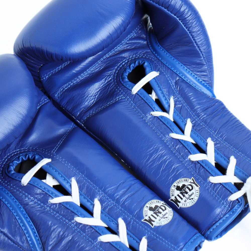 Windy BGL blue lace-up boxing gloves with extended side padding, secure wrist support and Windy branding, pair on a white background