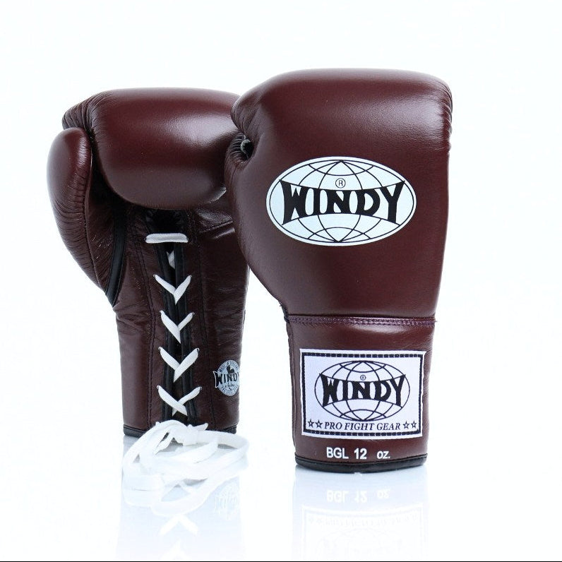 Windy BGL maroon lace-up boxing gloves with extended side padding and Windy branding, pair on a white background