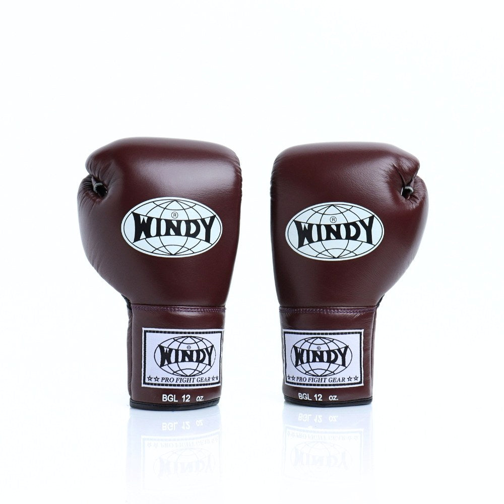 Windy BGL maroon lace-up boxing gloves with extended side padding and Windy branding, pair on a white background