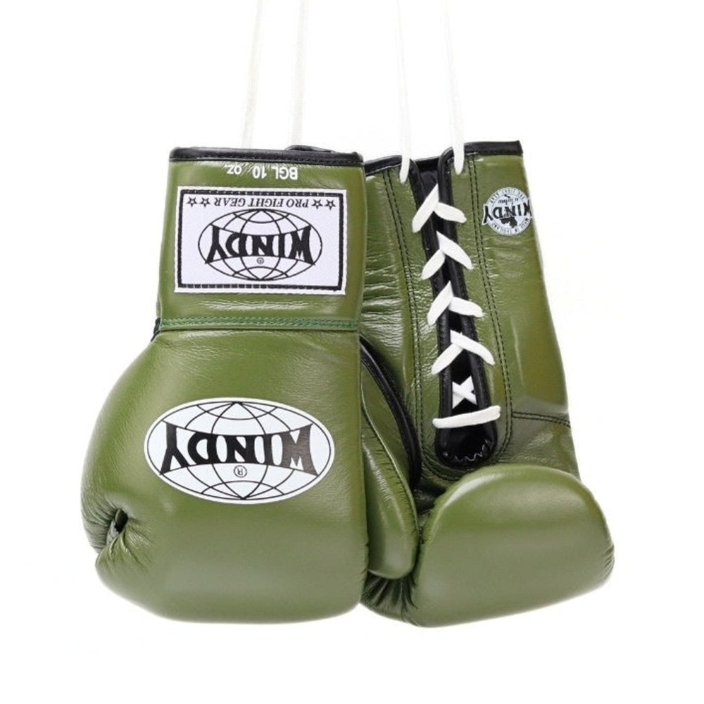 Windy BGL Olive Green lace-up boxing gloves in genuine leather with extended side padding and locked-in wrist support, pair on a white background