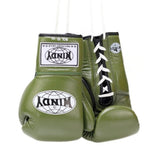 Windy BGL Olive Green lace-up boxing gloves in genuine leather with extended side padding and locked-in wrist support, pair on a white background
