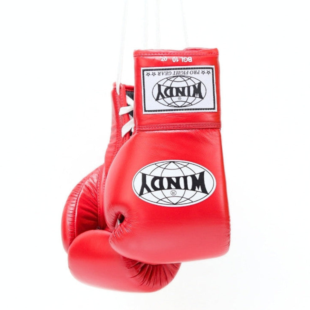 Windy BGL Red lace-up boxing gloves in genuine leather with extended side padding and locked-in wrist support, pair on a white background