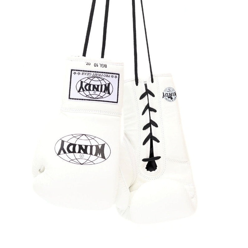 Windy BGL white lace-up boxing gloves showing black laces, wrist label and side profile on a white background