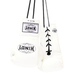 Windy BGL white lace-up boxing gloves showing black laces, wrist label and side profile on a white background