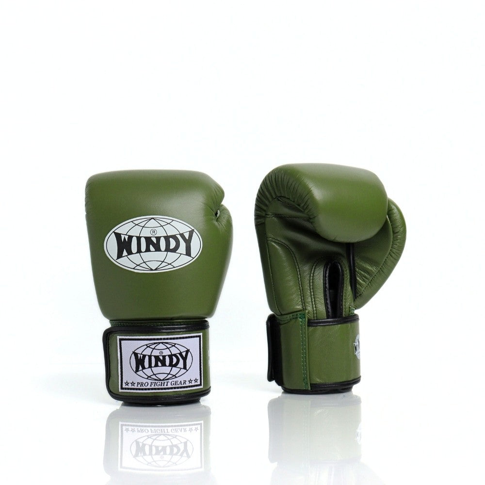 Front view of olive green Windy BGVH Muay Thai boxing gloves showing padded knuckles, thumb protection, wrist cuffs and Windy branding on a white background