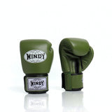 Front view of olive green Windy BGVH Muay Thai boxing gloves showing padded knuckles, thumb protection, wrist cuffs and Windy branding on a white background
