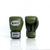 Angled view of olive green Windy BGVH Muay Thai boxing gloves showing padded knuckles, thumb guard, leather construction and secure wrist closure on a white background