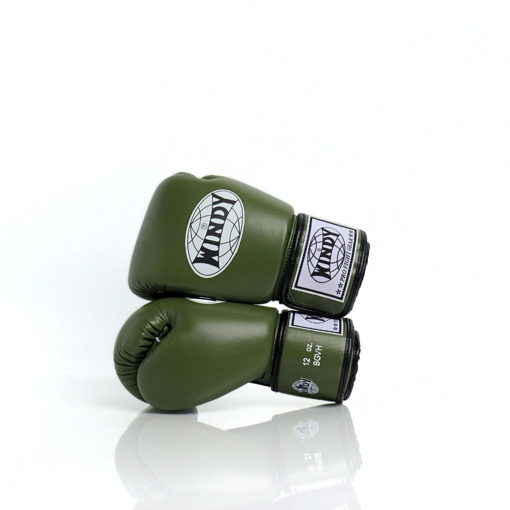 Palm-side view of olive green Windy BGVH Muay Thai boxing gloves showing stitched leather palms, thumb opening and padded wrist support on a white background