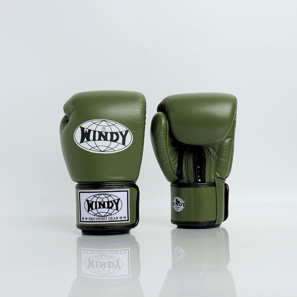 Rear view of olive green Windy BGVH Muay Thai boxing gloves showing leather panels, wrist cuffs and Windy branding on a white background