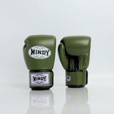 Rear view of olive green Windy BGVH Muay Thai boxing gloves showing leather panels, wrist cuffs and Windy branding on a white background