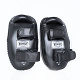 Front view of a pair of black Windy KP-8 leather kick pads showing double straps, padded striking surfaces and Windy logos on a white background