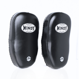 Angled view of black Windy KP-8 leather kick pads showing double straps, curved impact padding and Windy branding on a white background