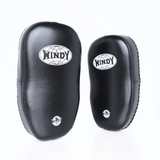 Angled view of black Windy KP-8 leather kick pads showing double straps, curved padding and stitched leather edges on a white background