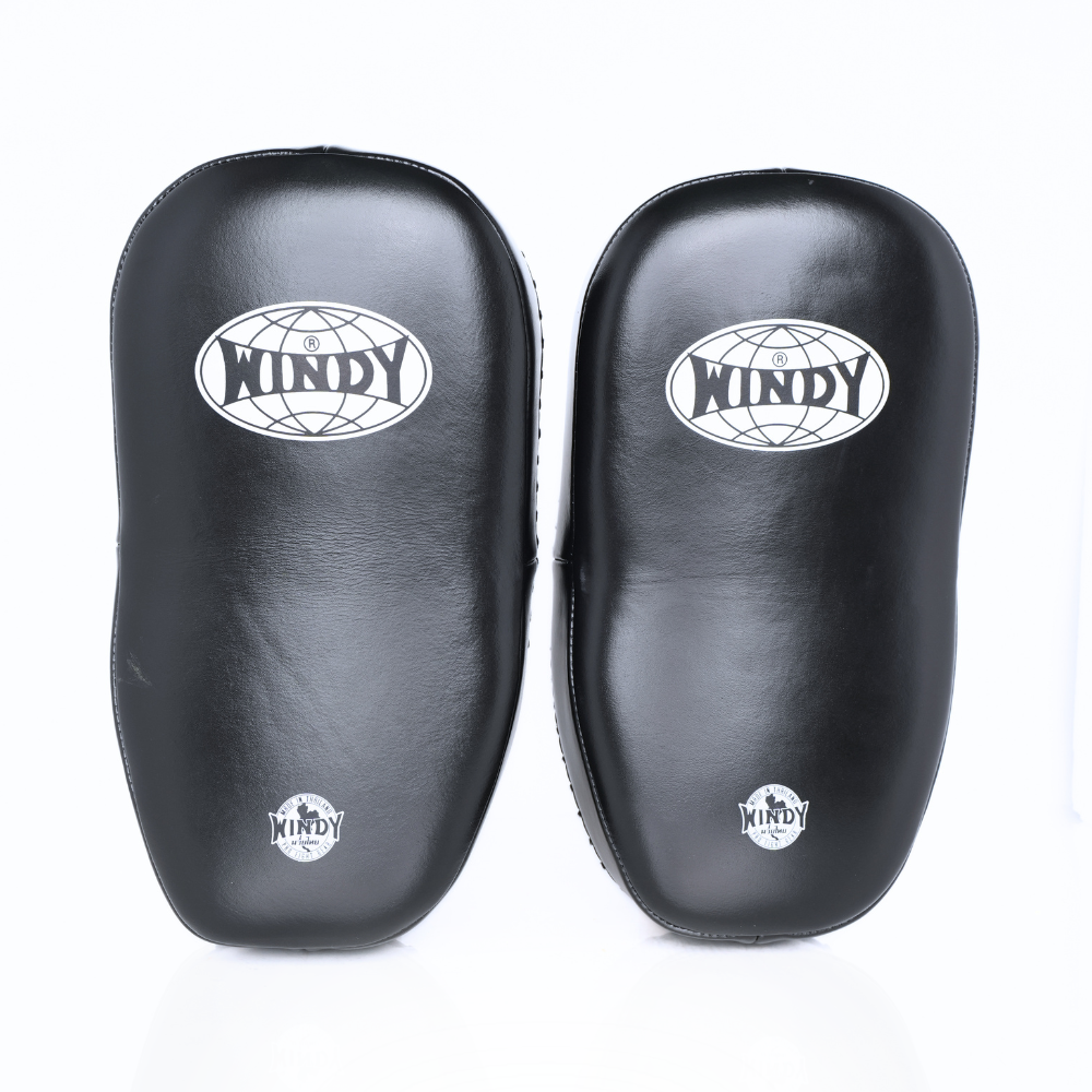 Front view of black Windy KP-8 leather kick pads showing double straps, padded targets and Windy branding on a white background