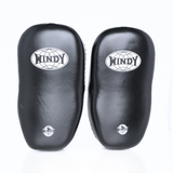 Front view of black Windy KP-8 leather kick pads showing double straps, padded targets and Windy branding on a white background
