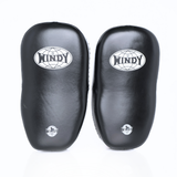 Front view of black Windy KP-8 leather kick pads showing single straps, curved impact surfaces and Windy logos on a white background