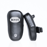 Rear view of a pair of black Windy KP-8 leather kick pads showing single straps, smooth padded backs and Windy logos on a white background