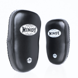 Front view of a pair of black Windy KP-8 leather kick pads showing single straps, rounded striking surfaces and Windy branding on a white background