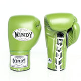 Windy BGL Olive Green lace-up boxing gloves in genuine leather with extended side padding and locked-in wrist support, pair on a white background