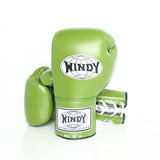Windy BGL Olive Green lace-up boxing gloves in genuine leather with extended side padding and locked-in wrist support, pair on a white background