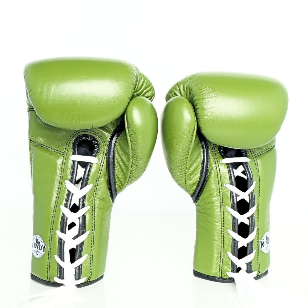 Windy BGL Olive Green lace-up boxing gloves in genuine leather with extended side padding and locked-in wrist support, pair on a white background