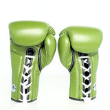 Windy BGL Olive Green lace-up boxing gloves in genuine leather with extended side padding and locked-in wrist support, pair on a white background