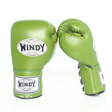 Windy BGL Olive Green lace-up boxing gloves in genuine leather with extended side padding and locked-in wrist support, pair on a white background