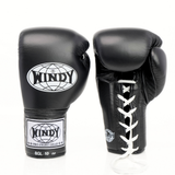 Windy BGL black lace-up boxing gloves with extended side padding, secure wrist support and Windy branding, pair on a white background