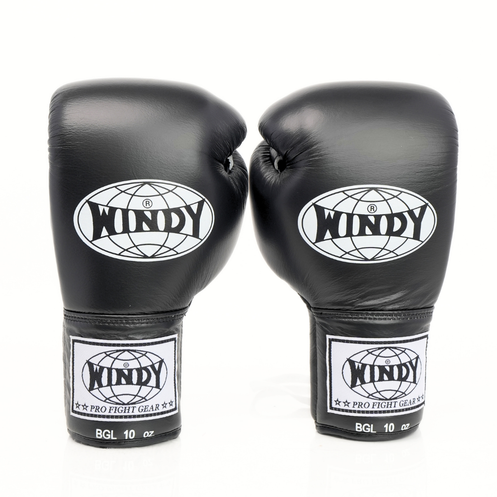 Windy BGL black lace-up boxing gloves with extended side padding, secure wrist support and Windy branding, pair on a white background