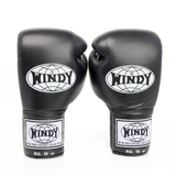 Windy BGL black lace-up boxing gloves with extended side padding, secure wrist support and Windy branding, pair on a white background
