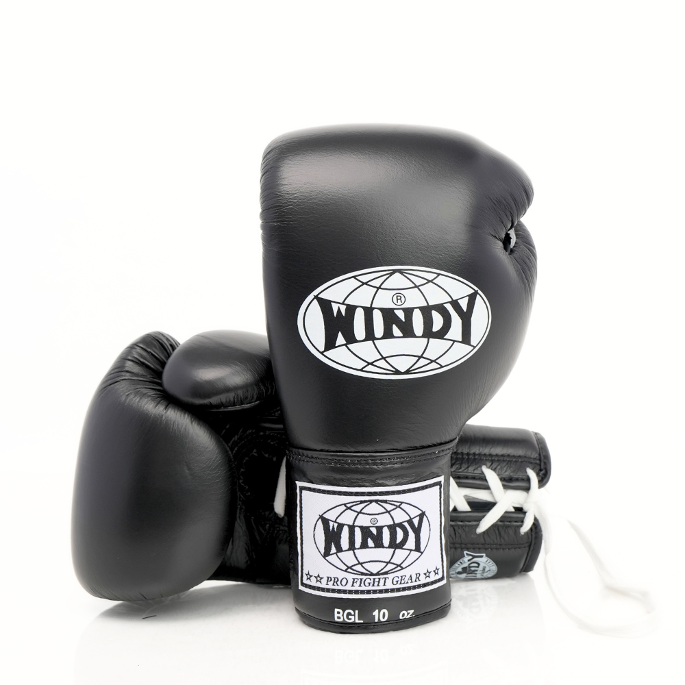 Windy BGL black lace-up boxing gloves with extended side padding, secure wrist support and Windy branding, pair on a white background