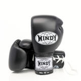 Windy BGL black lace-up boxing gloves with extended side padding, secure wrist support and Windy branding, pair on a white background