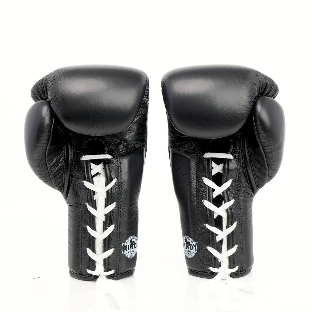 Windy BGL black lace-up boxing gloves with extended side padding, secure wrist support and Windy branding, pair on a white background