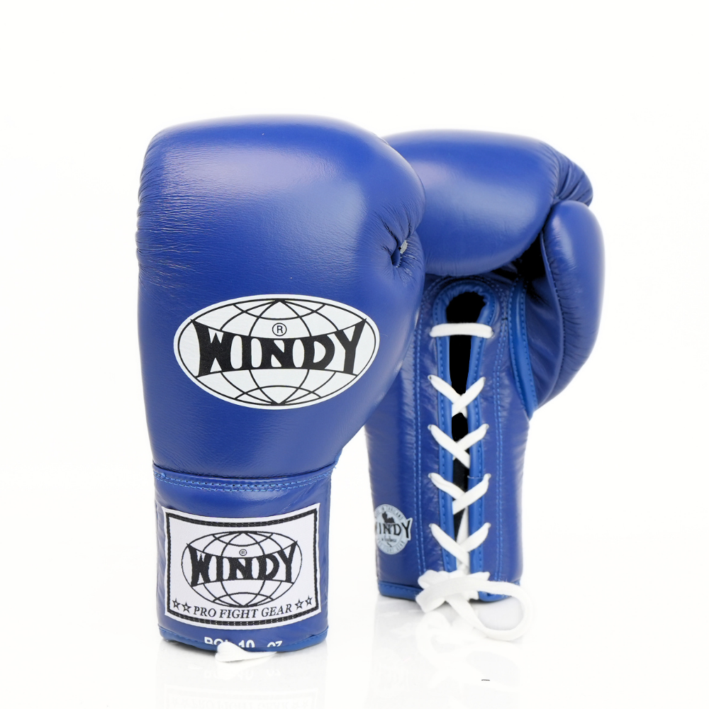 Windy BGL blue lace-up boxing gloves with extended side padding, secure wrist support and Windy branding, pair on a white background