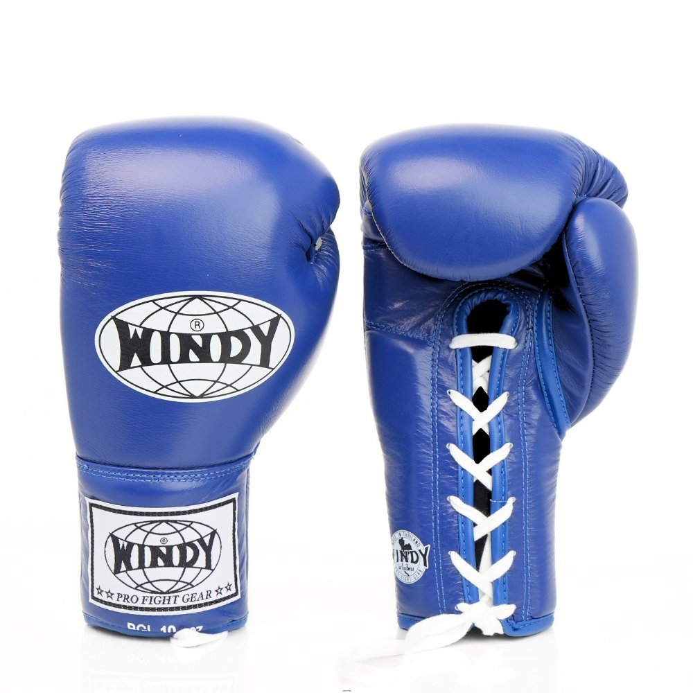 Windy BGL blue lace-up boxing gloves with extended side padding, secure wrist support and Windy branding, pair on a white background