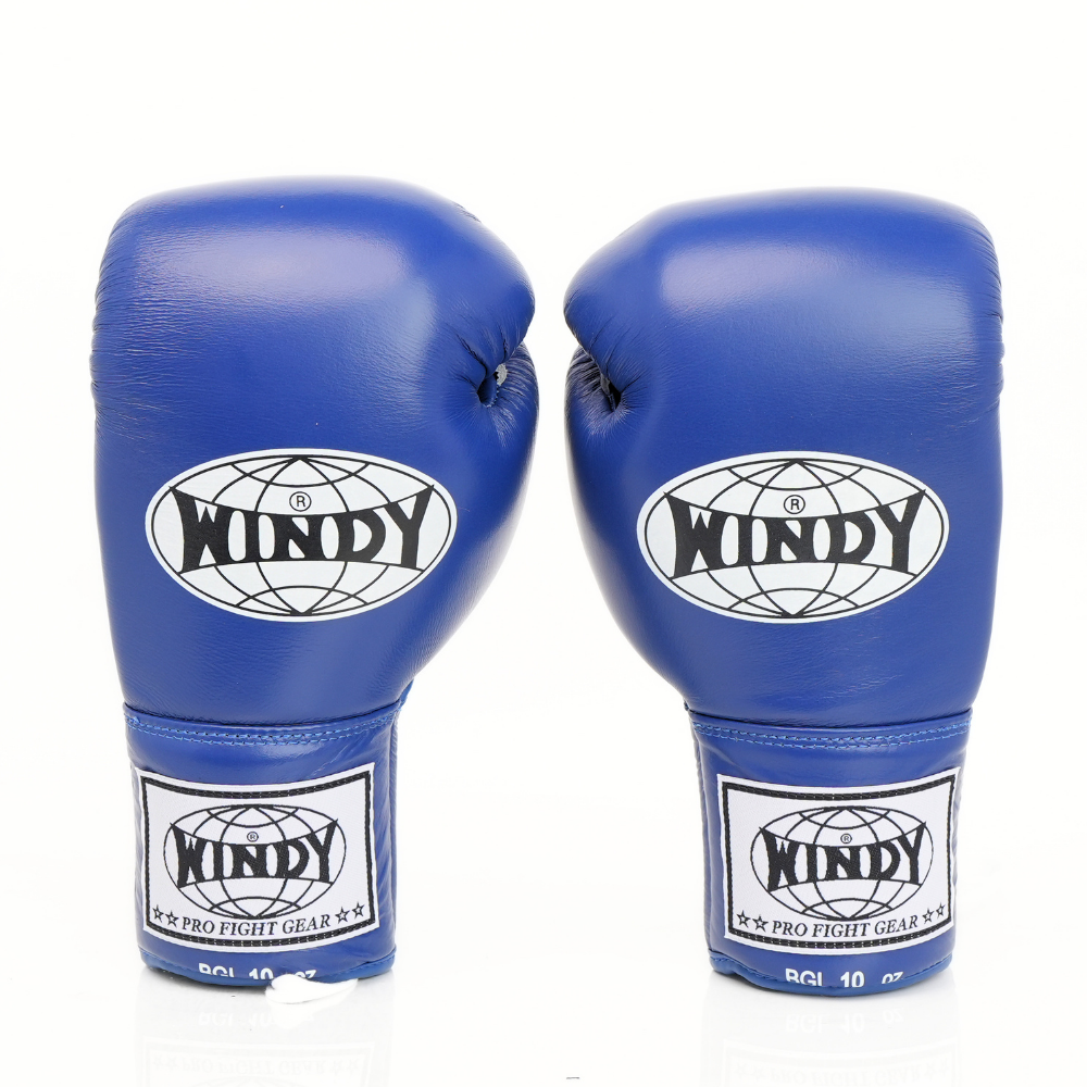 Windy BGL blue lace-up boxing gloves with extended side padding, secure wrist support and Windy branding, pair on a white background