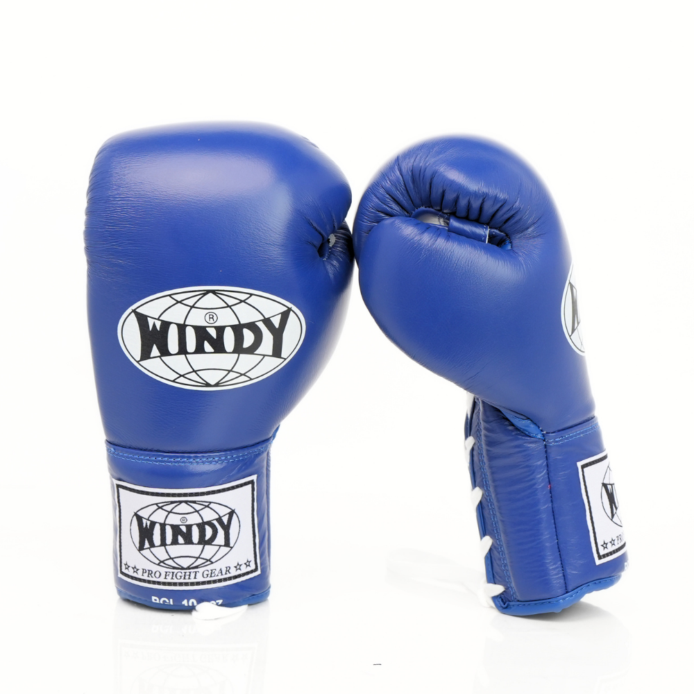 Windy BGL blue lace-up boxing gloves with extended side padding, secure wrist support and Windy branding, pair on a white background