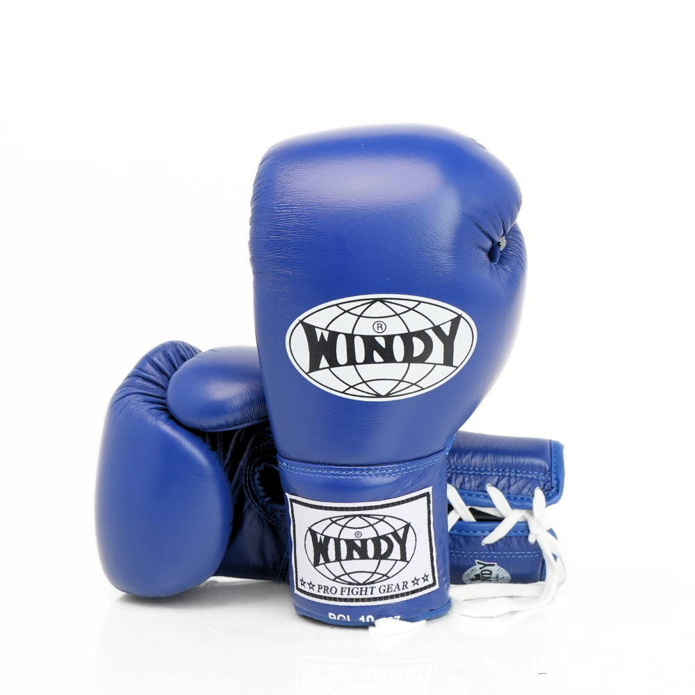 Windy BGL blue lace-up boxing gloves with extended side padding, secure wrist support and Windy branding, pair on a white background