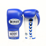 Angled view of blue and white Windy BGL lace-up boxing gloves showing padded knuckles, white lacing, black trim and extended wrist padding on a white background