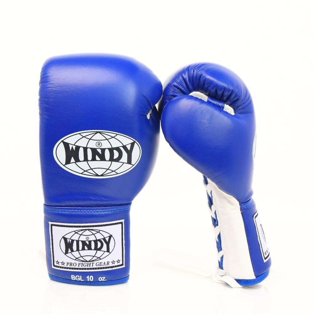Palm-side view of blue and white Windy BGL lace-up boxing gloves showing stitched palms, thumb openings, lace closure and wrist padding on a white background