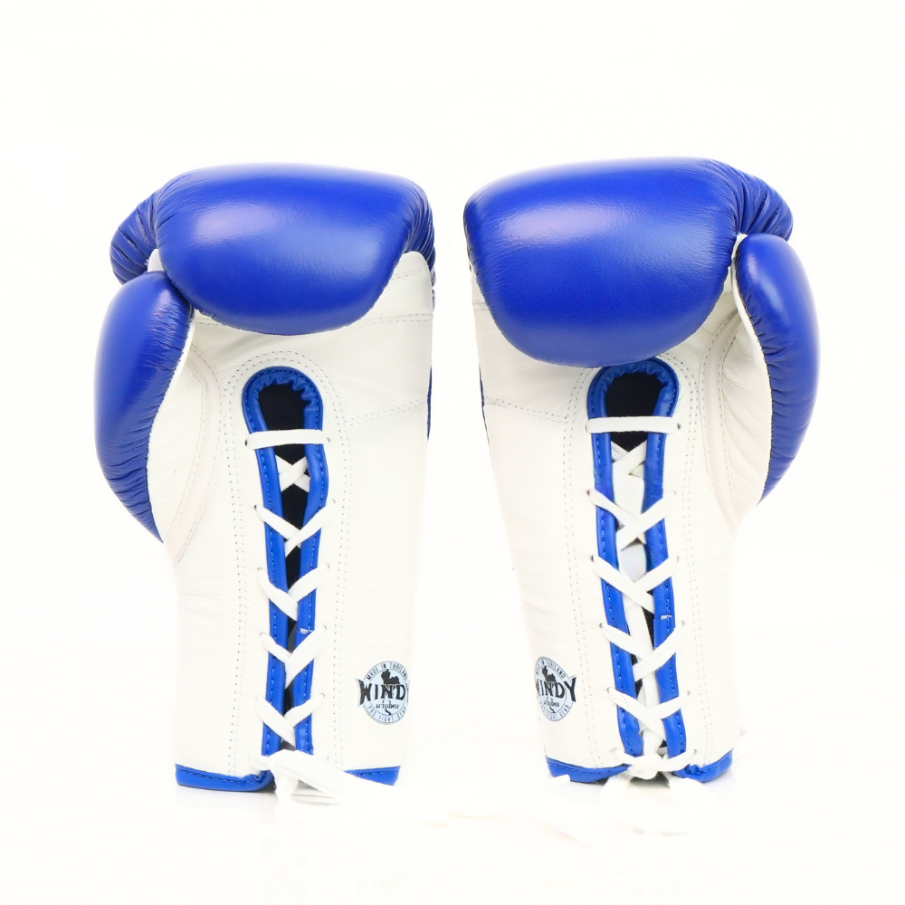 Rear view of blue and white Windy BGL lace-up boxing gloves showing leather palms, lace channels, wrist cuffs and black trim on a white background