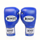 Additional view of blue and white Windy BGL lace-up boxing gloves showing stitched leather, white laces, black edging and padded wrist support on a white background